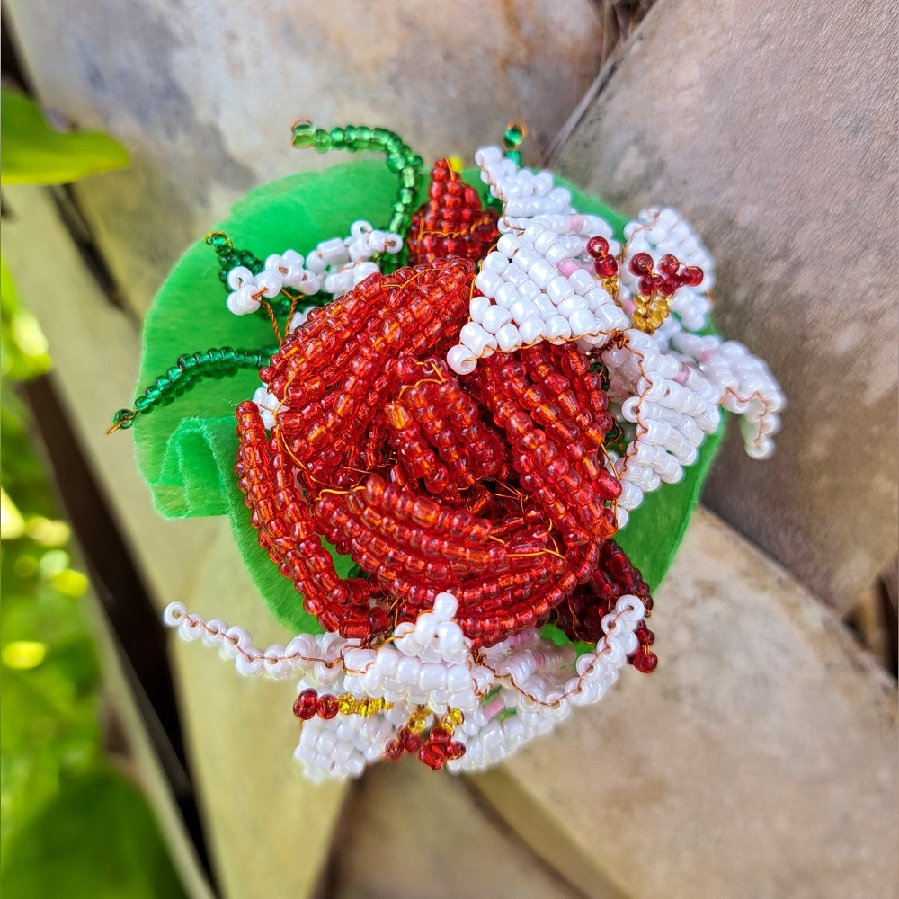 Handcrafted Beaded Floral Bouquet - Red Roses and White Lillies Green Felt Wrap